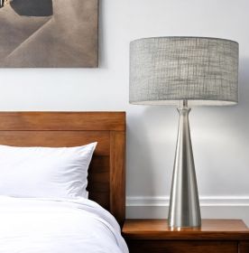 22" Silver Metal Table Lamp With Gray Drum Shade