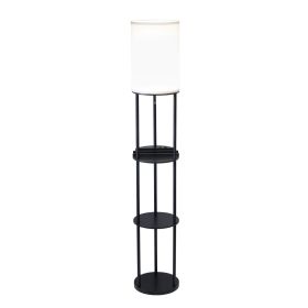 67" Black And White Column With White Linen Shade