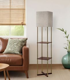 62" Brass Column Floor Lamp With Gray Fabric Square Shade