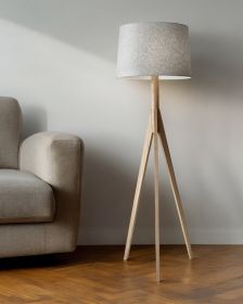 59" Natural Solid Wood Tripod Floor Lamp With Gray Fabric Empire Shade