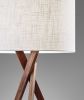 63" Brown And White Solid Wood Tripod Floor Lamp With White Linen Drum Shade