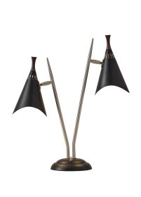 22" Black and Silver Metal Two Light Desk Lamp With Black Cone Shades