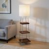 63" Brown And White Column Floor Lamp With White Fabric Drum Shade