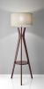 60" Brown And White Solid Wood Tripod Floor Lamp With White Fabric Drum Shade