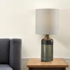 23" Black Wood And Smoked Glass Bedside Lamp With Gray Drum Shade