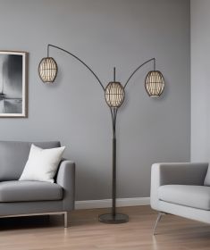 82" Bronze Three Light Tree Floor Lamp With Beige Wicker Cage Shade