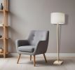 59" Natural Solid Wood Floor Lamp With White Linen Drum Shade