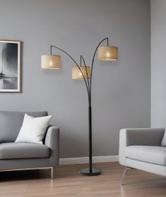 74" Bronze Three Light Tree Floor Lamp With Beige Burlap Drum Shade