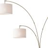 74" Brass Three Light Arc Floor Lamp With Off White Fabric Drum Shade