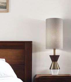 23" Brass Metal And Wood Table Lamp With Beige Drum Shade