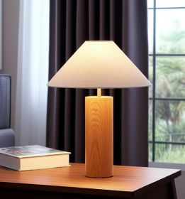 26" Natural Solid Wood Cylinder Table Lamp With White Cone Shade