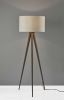 60" Brown And White Tripod Floor Lamp With White Linen Drum Shade