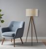 60" Brown And White Tripod Floor Lamp With White Linen Drum Shade