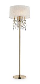 63" Gold And White Crystal And Metal Four Light Candelabra Floor Lamp With White Fabric Drum Shade