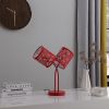 17" Red Metal Two Light Table Lamp With Red Abstract Drum Shade