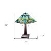 23" Dark Brown Metal Two Light Table Lamp With Blue and Green Cone Shade
