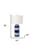 Set of Two 30" Blue and White Ceramic Cylinder Table Lamps With White Drum Shade