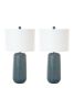 Set of Two 30" Blue Ceramic Geometric Table Lamp With White Drum Shade