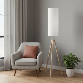 58" Natural Wood Look Tripod Floor Lamp With White Shade