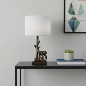 20" Bronze Mom and Baby Deer Table Lamp With White Drum Shade