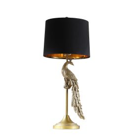 29" Gold Peacock Table Lamp With Black Drum Shade