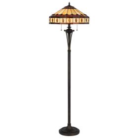 61" Bronze Two Light Traditional Shaped Floor Lamp With Purple and Ivory Abstract Tiffany Glass Empire Shade