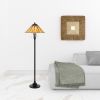 61" Bronze Two Light Traditional Shaped Floor Lamp With Red and Ivory Abstract Tiffany Glass Empire Shade