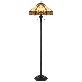 60" Bronze Two Light Traditional Shaped Floor Lamp With Orange and Ivory Abstract Tiffany Glass Empire Shade