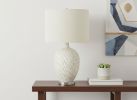 28" White and Silver Ceramic Round Table Lamp With Cream Drum Shade