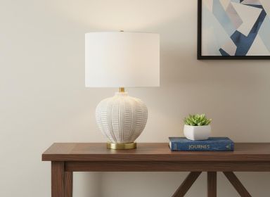 21" Gold and White Urn Table Lamp With Ivory Drum Shade