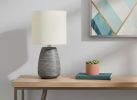 19" Gray Ceramic Round Table Lamp With Ivory Drum Shade