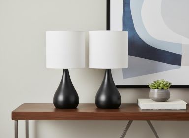 Set of Two 18" Black Metal Round Table Lamps With Ivory Drum Shade