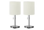 Set of Two 17" Silver Metal Candlestick USB Table Lamps With Ivory Drum Shade