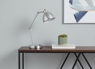 17" Nickel Metal Round USB Table Lamp With Nickel Dome Shade