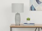 25" Gray and Silver Ceramic Cylinder Table Lamp With Gray Drum Shade