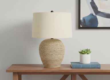 25" Beige Rattan Round Table Lamp With Beige Drum Shade