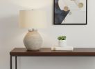 25" Cream Concrete Round Table Lamp With Beige Drum Shade