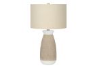 27" Brown and White Ceramic Round Table Lamp With Beige Drum Shade