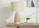 27" Brown and White Ceramic Round Table Lamp With Beige Drum Shade