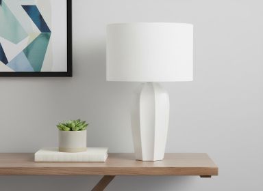 27" Cream Ceramic Geometric Table Lamp With Cream Drum Shade