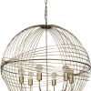 Gold Caged Six Light Metal and Glass Dimmable Chandelier With Gold Shades