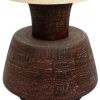 27" Distressed Brown Solid Wood Urn Table Lamp With Beige Drum Shade