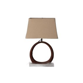 21" Distressed Brown Solid Wood Geometric Table Lamp With Beige Drum Shade
