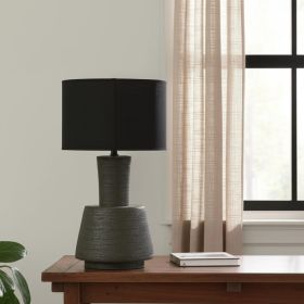 29" Distressed Black Solid Wood Urn Table Lamp With Black Drum Shade