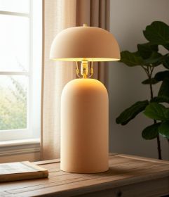 25" Distressed Beige Ceramic Table Lamp With Beige Drum Shade
