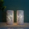 Set of Two 8" White Metal Pierced Geometric Battery Operated Lamps With Cylinder Shades