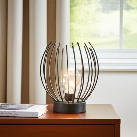 7" Black Battery Operated Round Bedside Lamp With Metal Cage Globe Shade