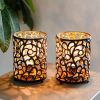 Set of Two 7" Black Battery Operated Lamps With Pierced Cylinder Shades