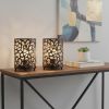 Set of Two 7" Black Battery Operated Lamps With Pierced Cylinder Shades