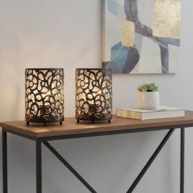 Set of Two 7" Black Battery Operated Lamps With Pierced Cylinder Shades